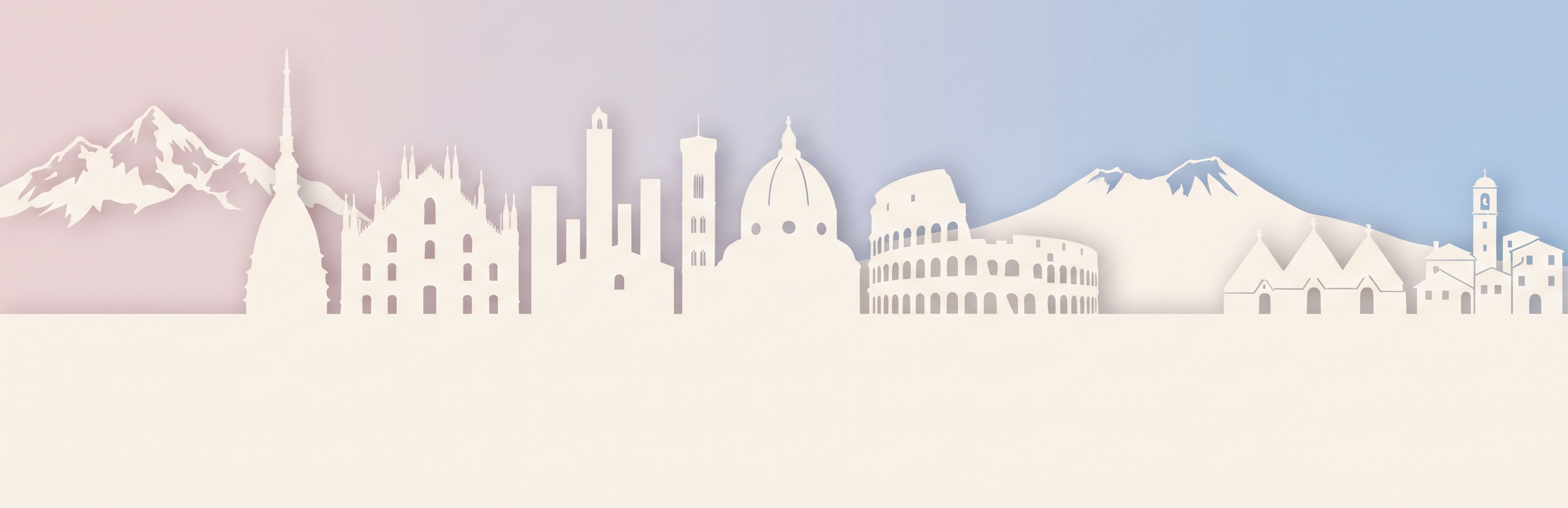 Skyline paper-cut dei luoghi d'Italia: Alpi, Mole, Duomo di Milano, San Gimignano, cupola di Firenze, Colosseo, Vesuvio, trulli e un borgo