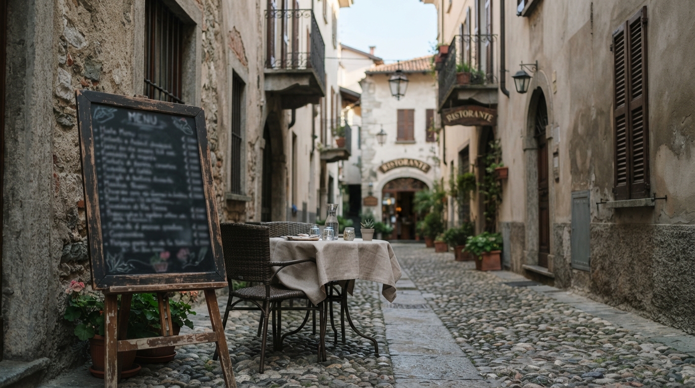 Tavolino con menu su lavagna in un vicolo comasco