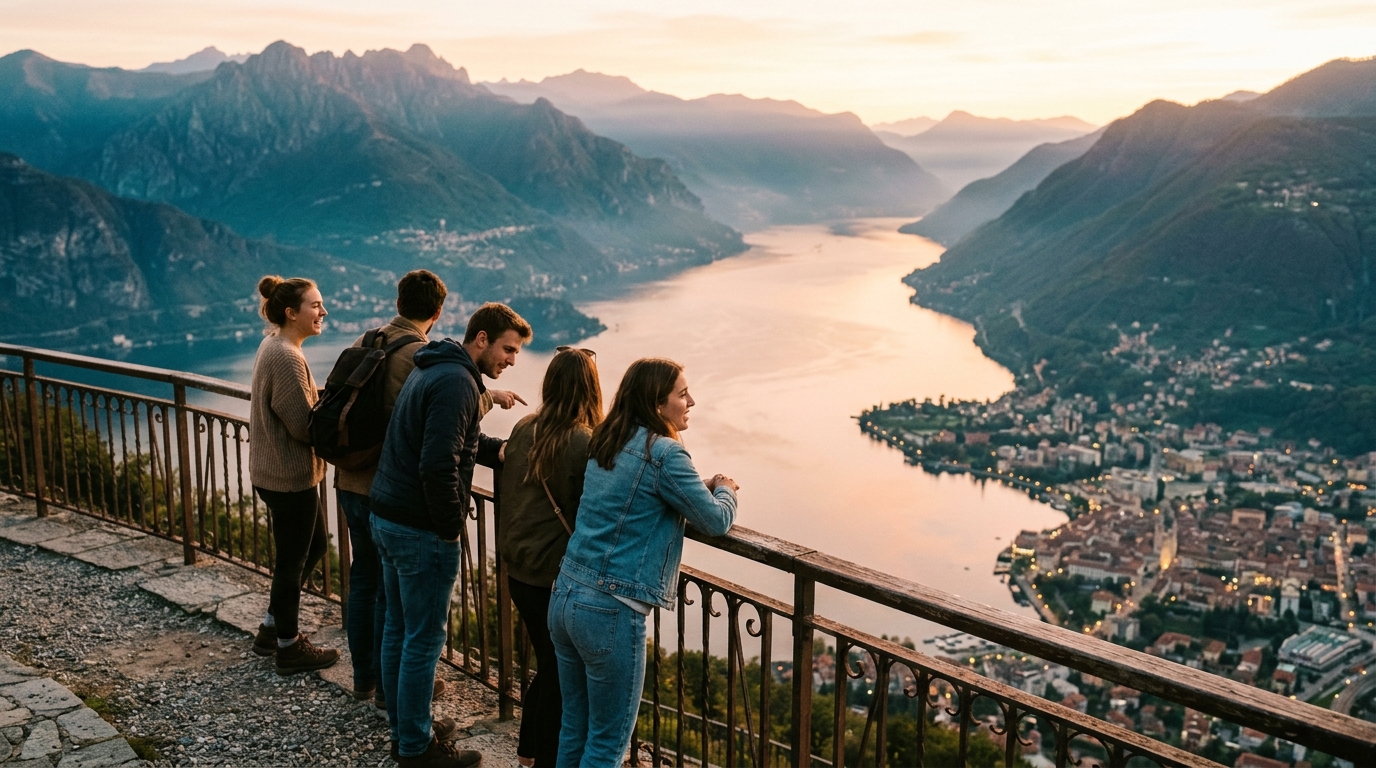 Amici al belvedere sul lago di Como al tramonto