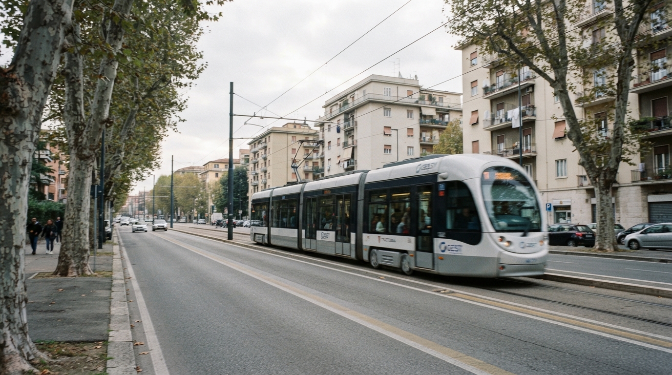 Tramvia su un viale fuori dal centro