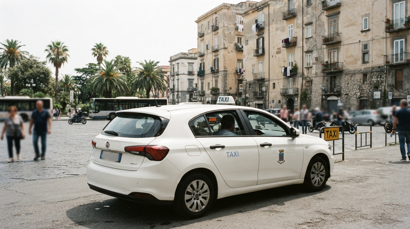 Taxi bianco in una piazza di Napoli