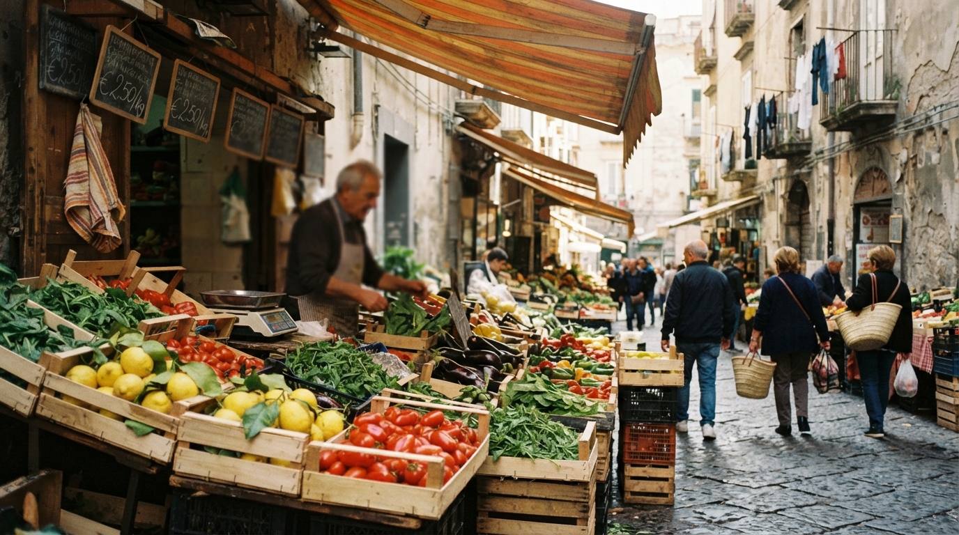 Mercato rionale con banchi di frutta e verdura