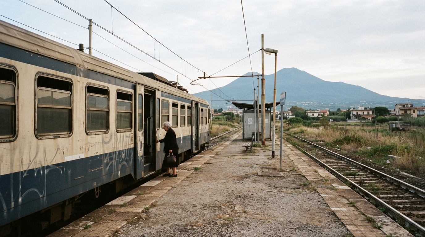 Treno locale con il Vesuvio sullo sfondo