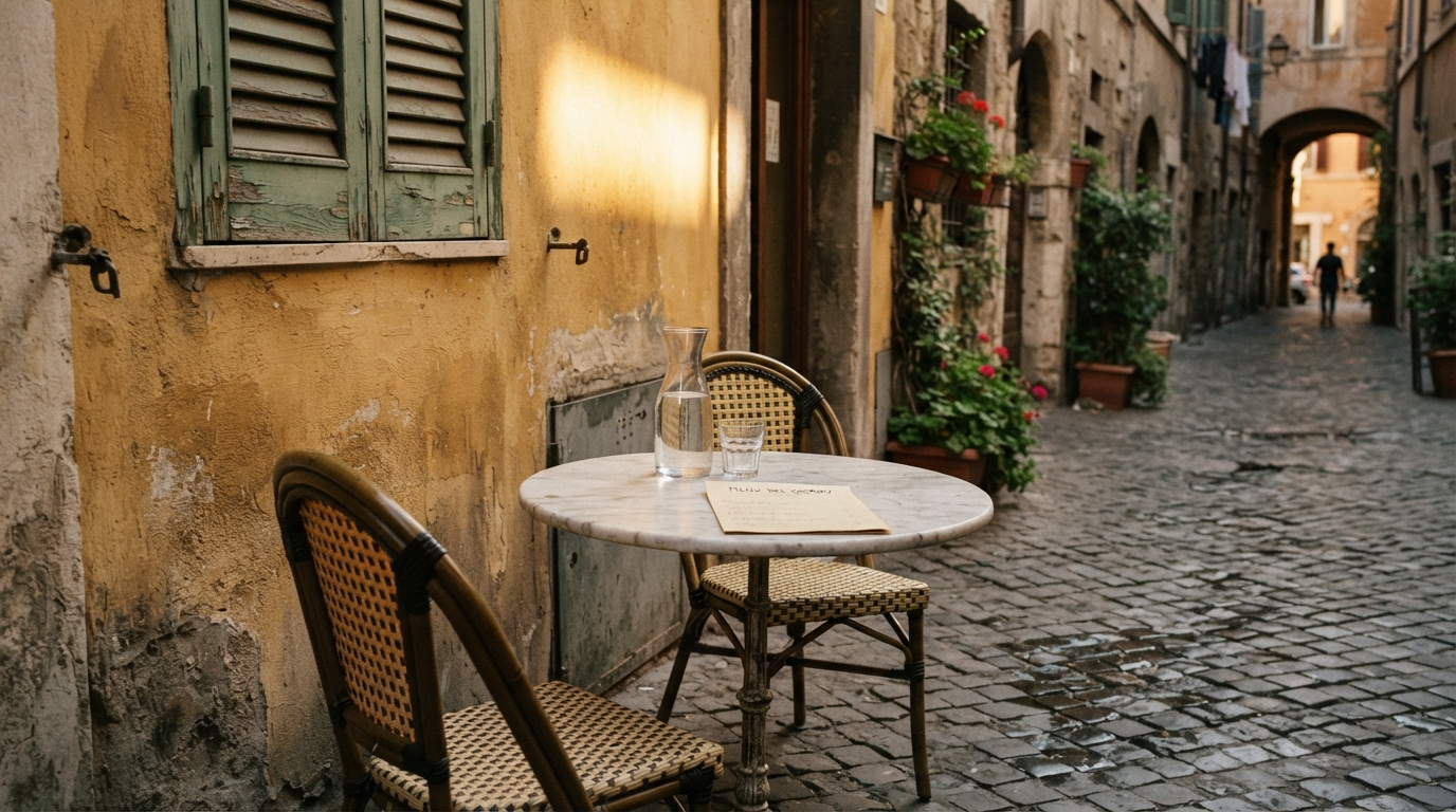 Tavolino con menu in un vicolo