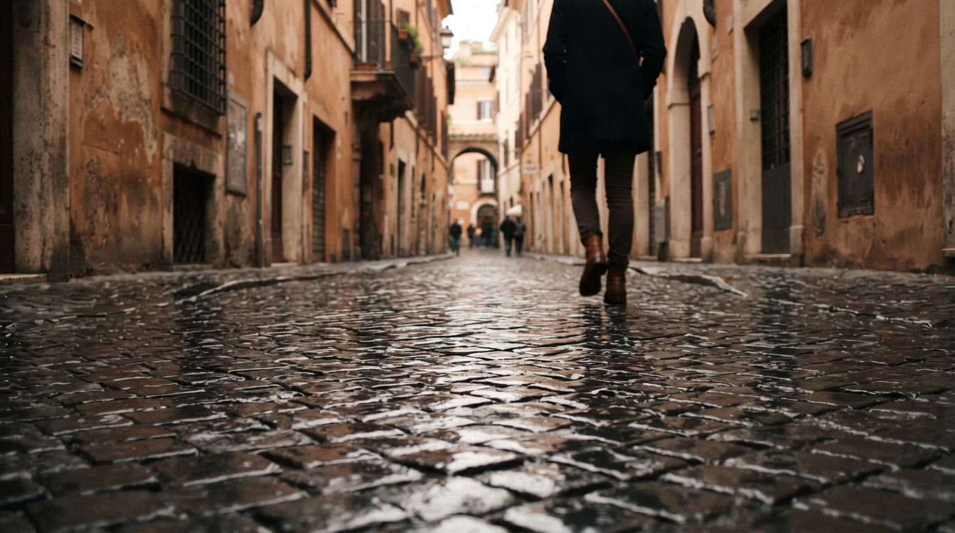 Strada di sampietrini bagnata