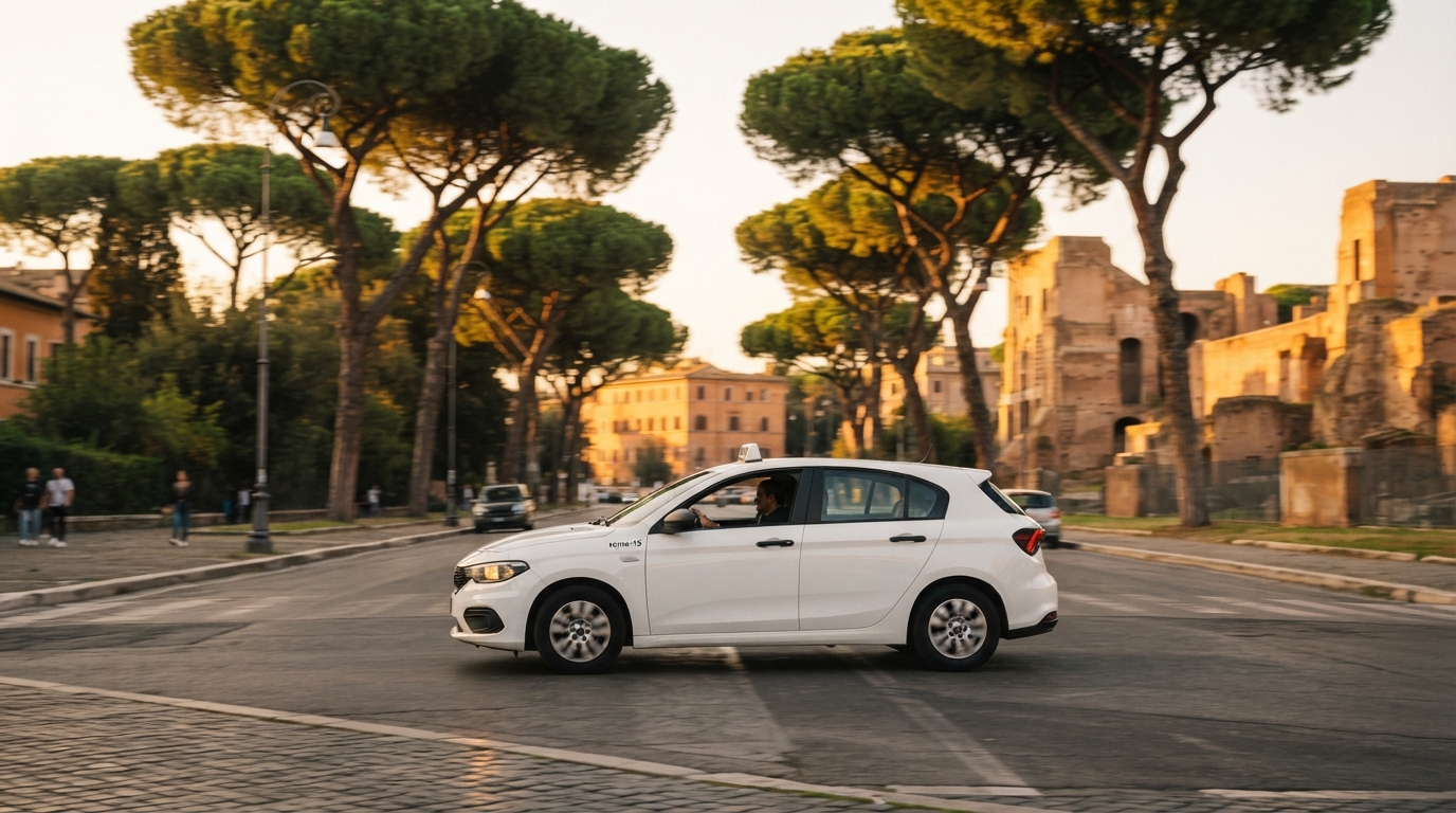 Taxi bianco tra i pini romani