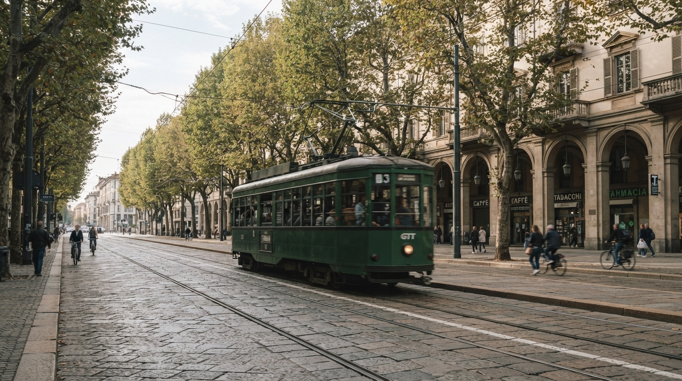 Tram storico verde su un viale alberato